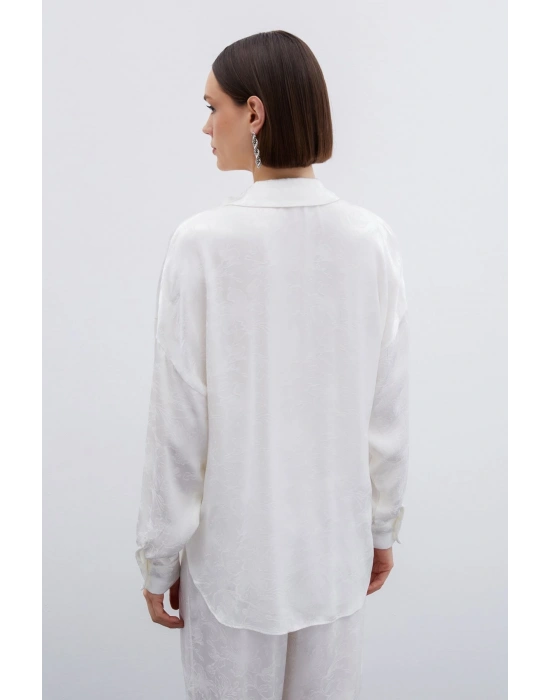Jakarlı Saten Gömlek - Ekru