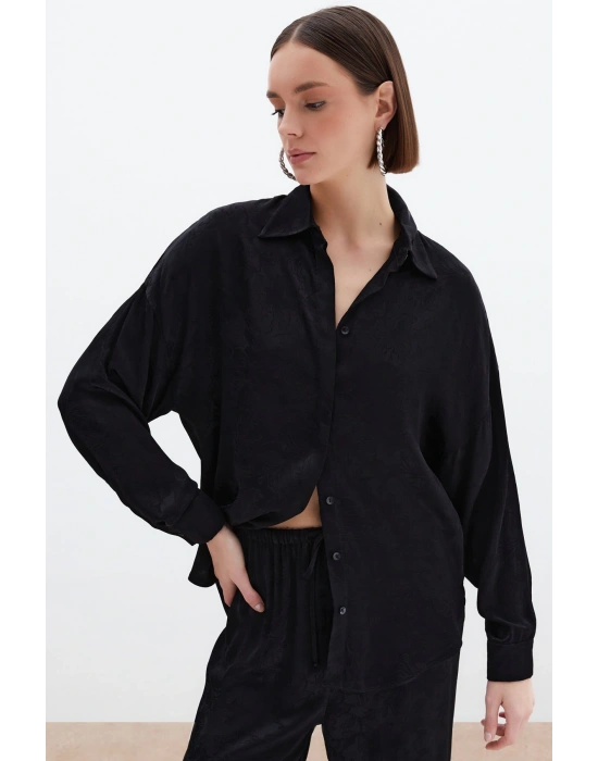 Jakarlı Saten Gömlek - Siyah