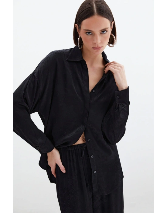Jakarlı Saten Gömlek - Siyah