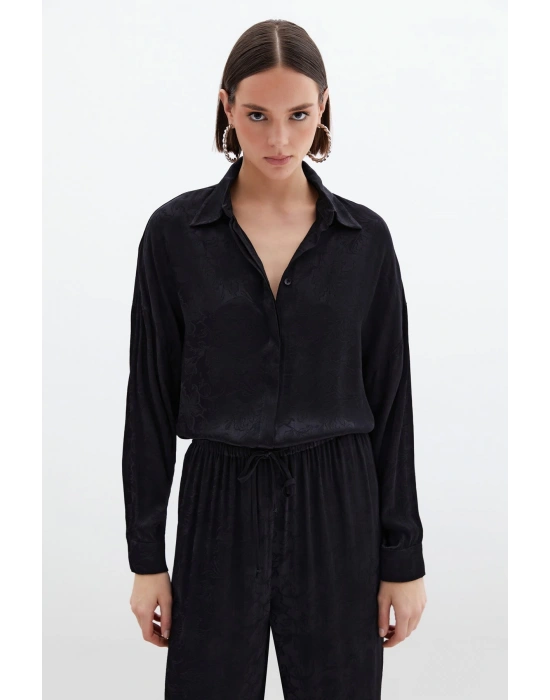 Jakarlı Saten Gömlek - Siyah