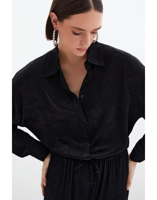 Jakarlı Saten Gömlek - Siyah