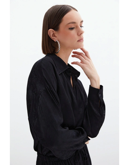 Jakarlı Saten Gömlek - Siyah