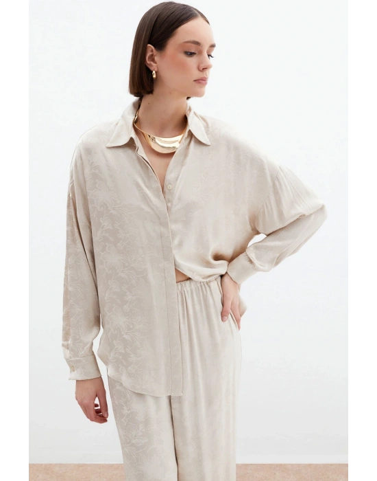 Jakarlı Saten Gömlek - Bej
