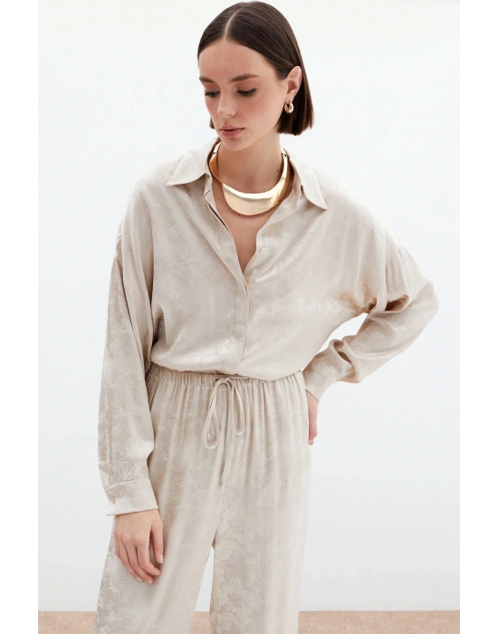 Jakarlı Saten Gömlek - Bej