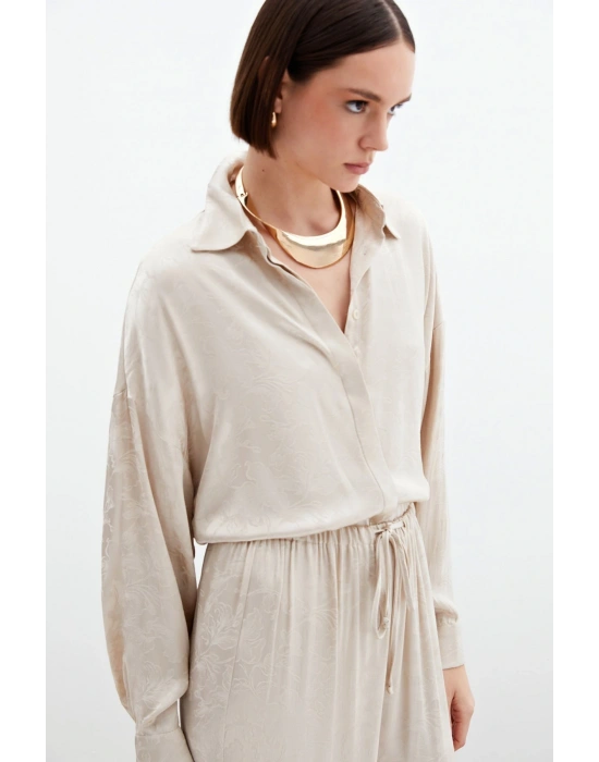 Jakarlı Saten Gömlek - Bej