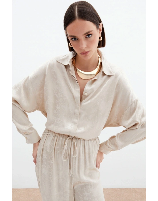 Jakarlı Saten Gömlek - Bej