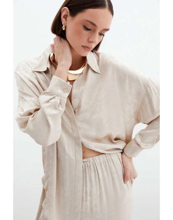 Jakarlı Saten Gömlek - Bej