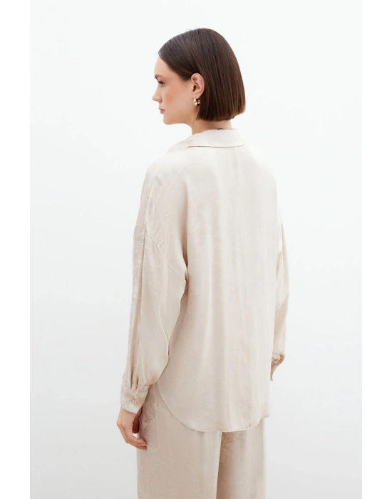 Jakarlı Saten Gömlek - Bej