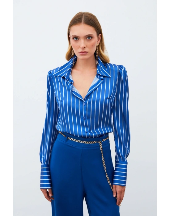 Vatkalı Çizgili Gömlek - SAX MAVİ