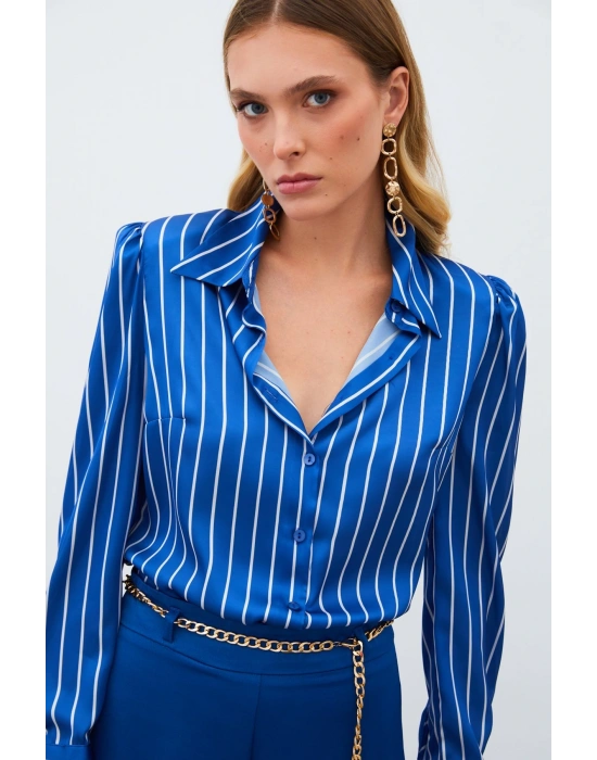 Vatkalı Çizgili Gömlek - SAX MAVİ