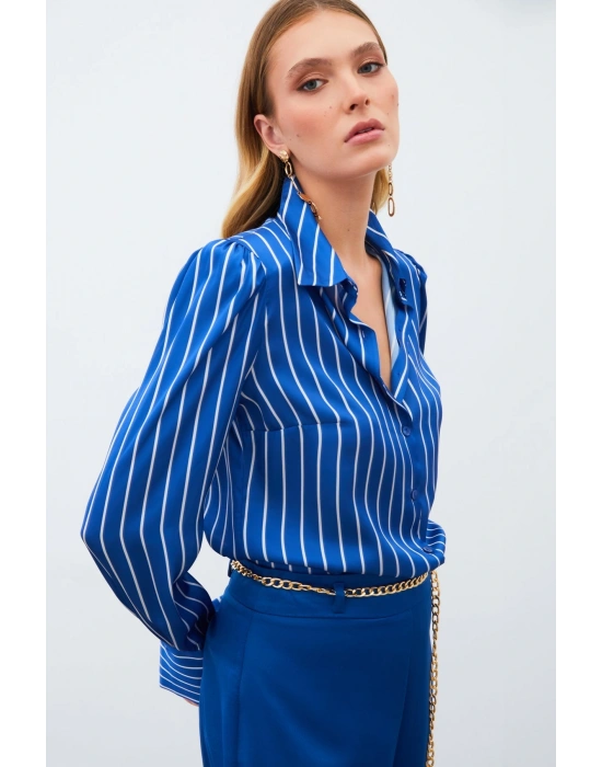 Vatkalı Çizgili Gömlek - SAX MAVİ