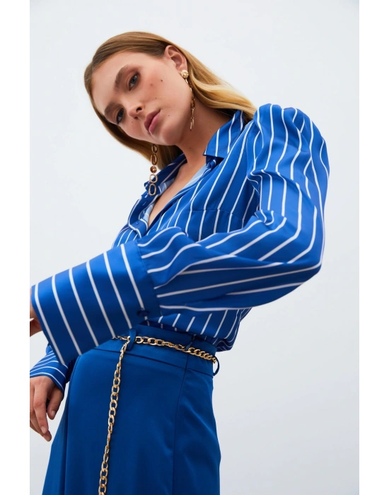 Vatkalı Çizgili Gömlek - SAX MAVİ