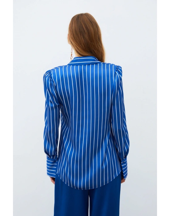 Vatkalı Çizgili Gömlek - SAX MAVİ