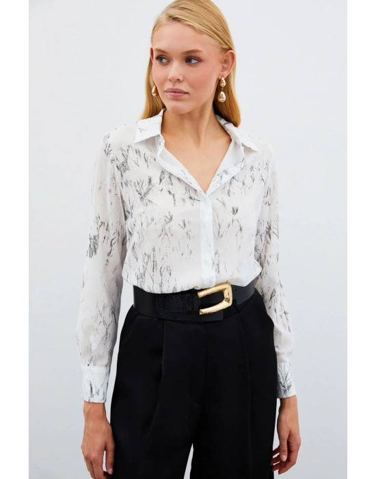 Parlak Desenli Gömlek - Ekru-Gümüş