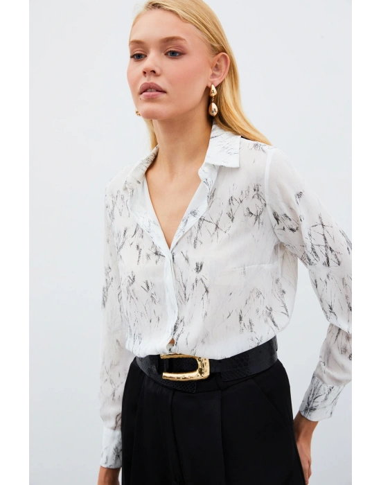 Parlak Desenli Gömlek - Ekru-Gümüş