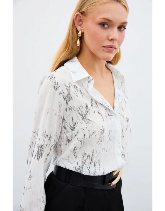 Parlak Desenli Gömlek - Ekru-Gümüş