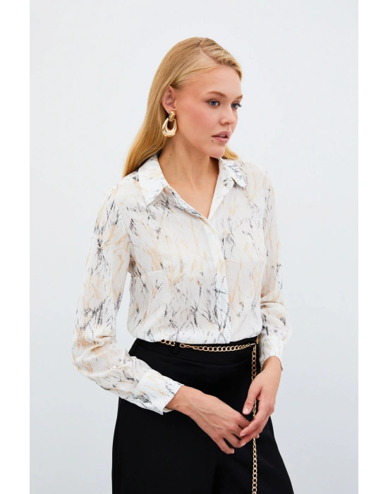 Parlak Desenli Gömlek - Ekru-Gold