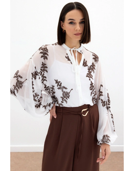 Nakışlı Şifon Gömlek - Kahve