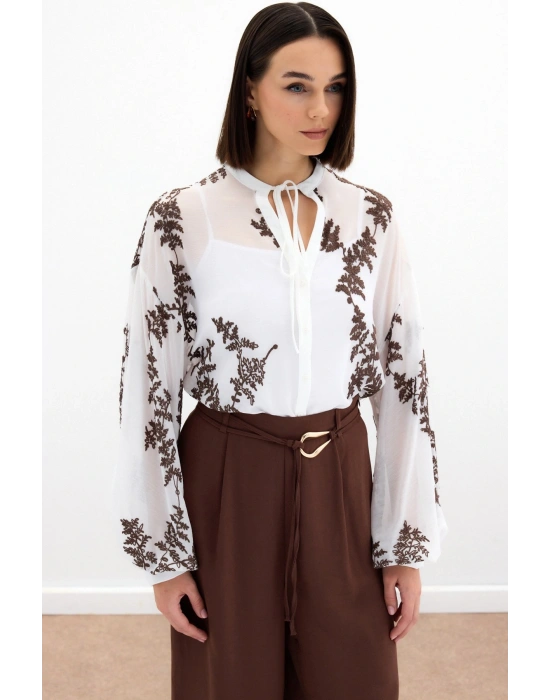 Nakışlı Şifon Gömlek - Kahve