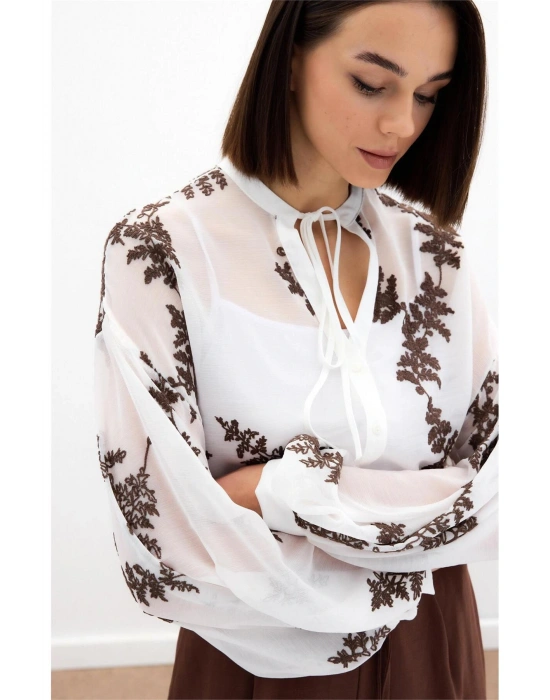 Nakışlı Şifon Gömlek - Kahve