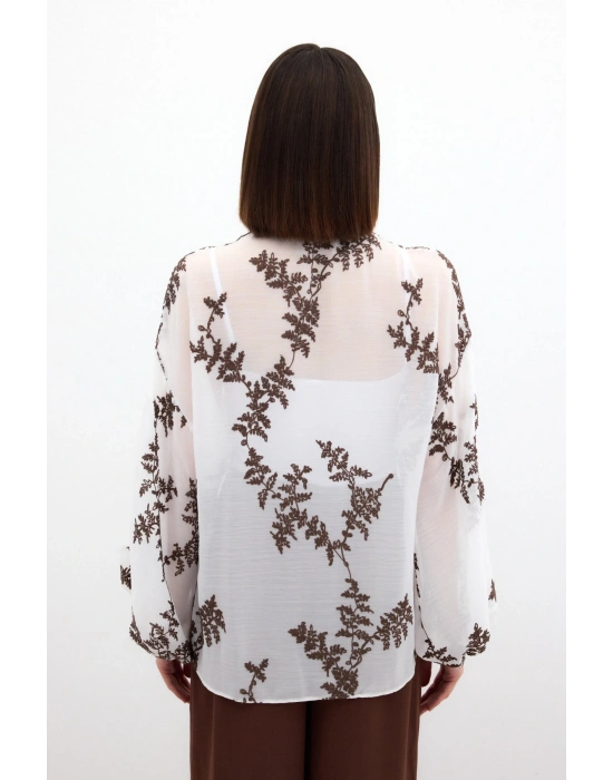 Nakışlı Şifon Gömlek - Kahve