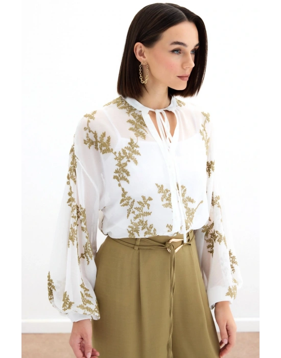 Nakışlı Şifon Gömlek - Haki