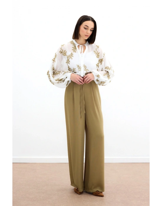 Nakışlı Şifon Gömlek - Haki