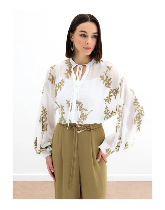 Nakışlı Şifon Gömlek - Haki