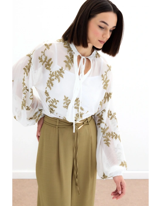 Nakışlı Şifon Gömlek - Haki