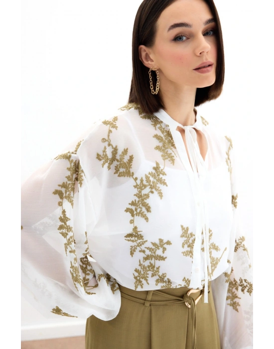Nakışlı Şifon Gömlek - Haki