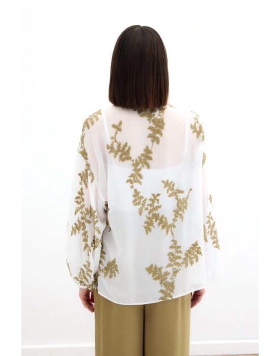 Nakışlı Şifon Gömlek - Haki