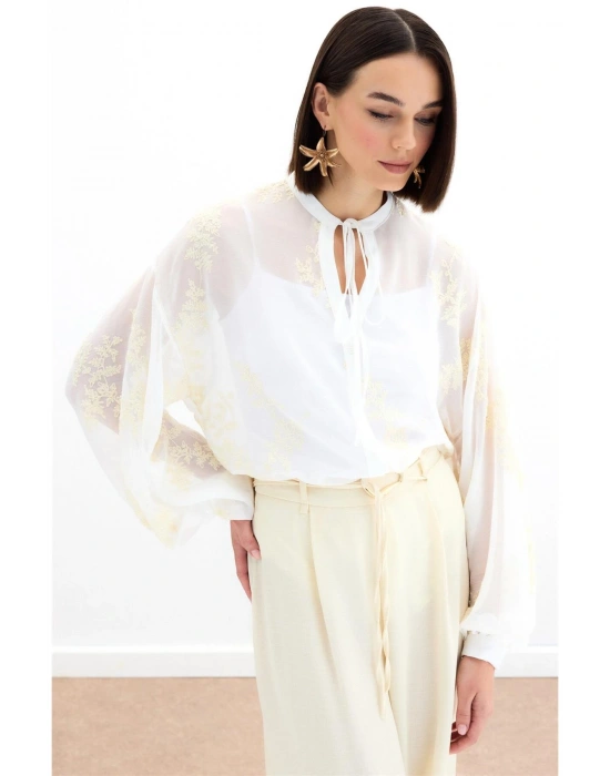 Nakışlı Şifon Gömlek - Krem