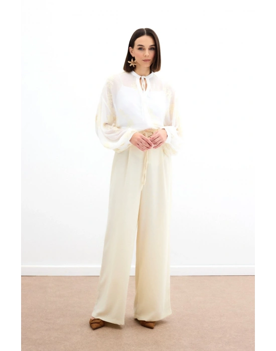 Nakışlı Şifon Gömlek - Krem