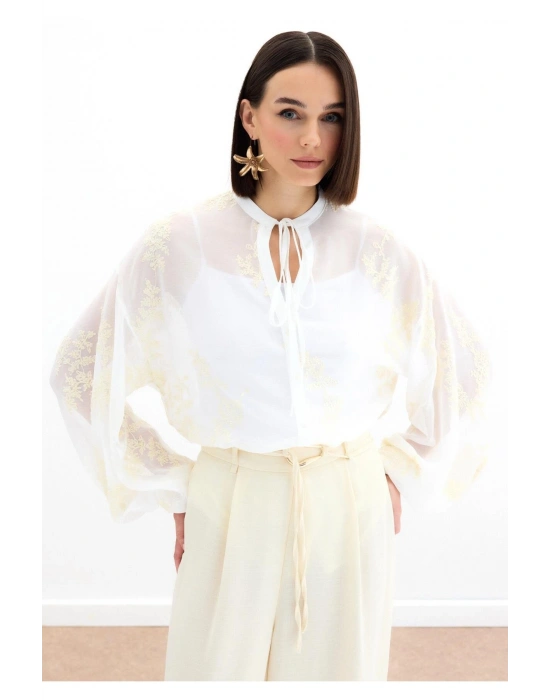 Nakışlı Şifon Gömlek - Krem
