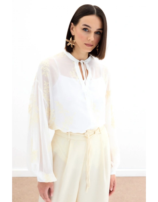Nakışlı Şifon Gömlek - Krem