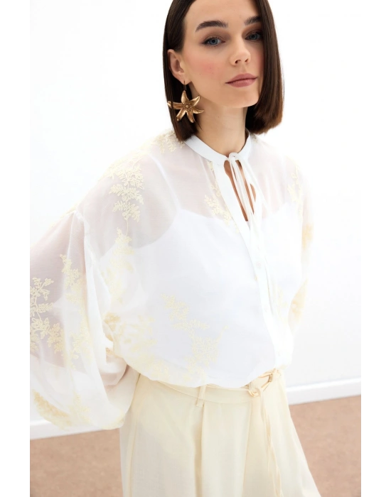 Nakışlı Şifon Gömlek - Krem