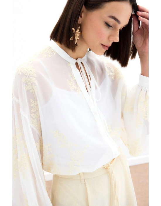 Nakışlı Şifon Gömlek - Krem