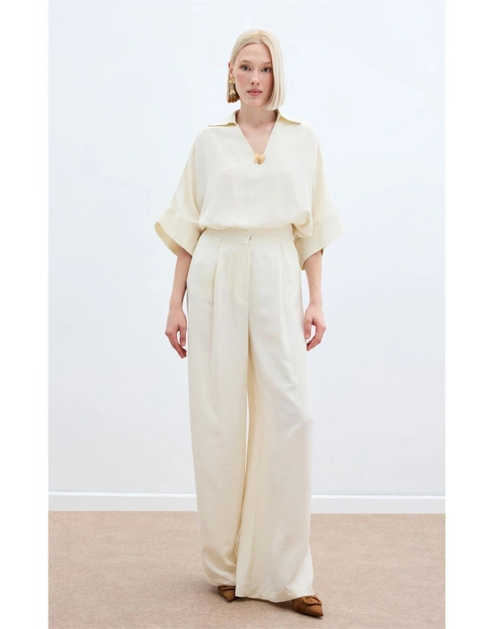 Keten Karışımlı Pantolon - Taş