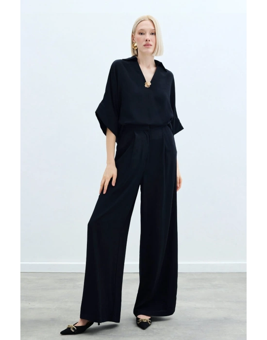 Keten Karışımlı Pantolon - Siyah