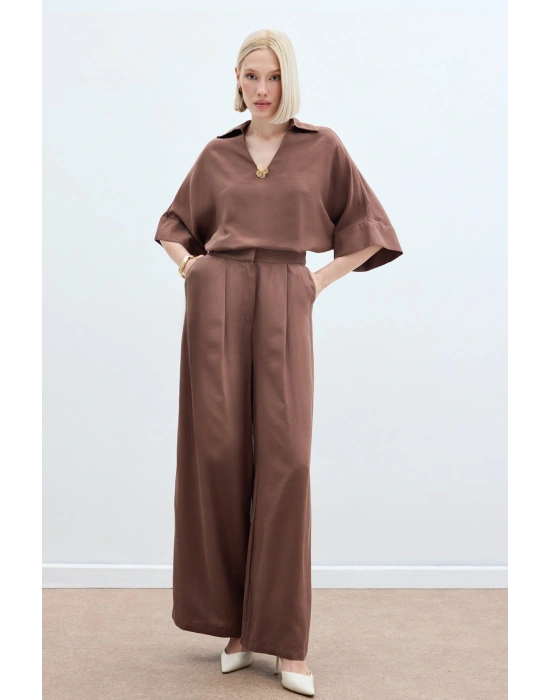 Keten Karışımlı Pantolon - Kahve