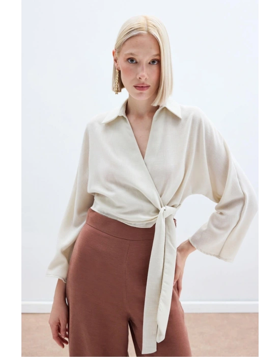 Bağlamalı Keten Bluz - Bej