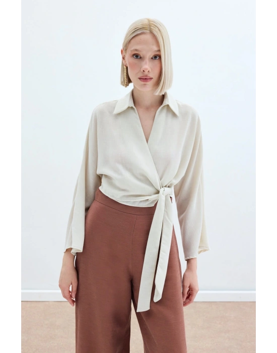 Bağlamalı Keten Bluz - Bej