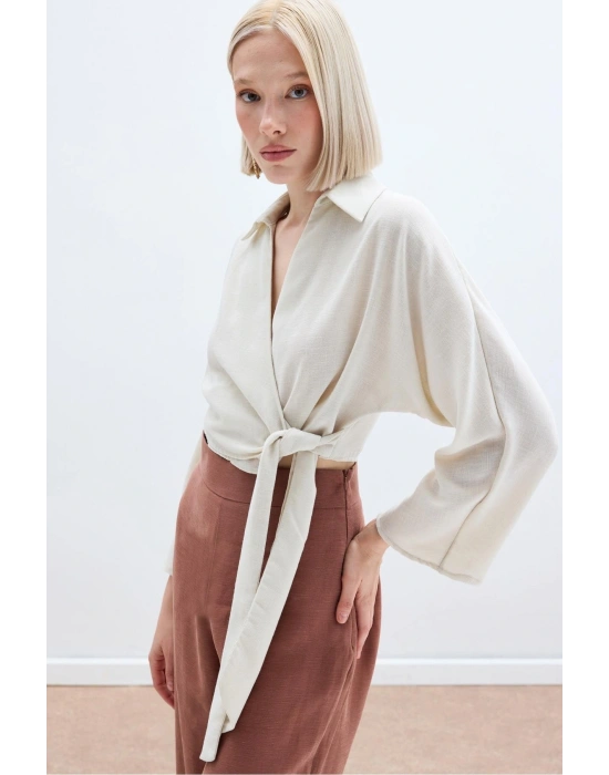 Bağlamalı Keten Bluz - Bej