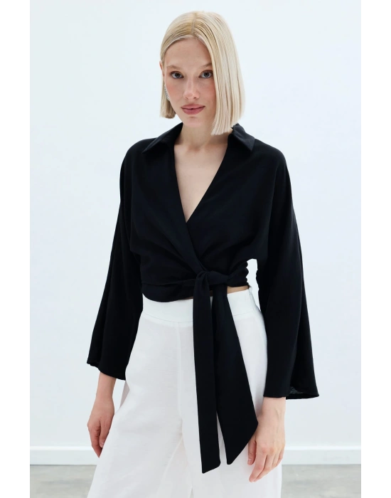 Bağlamalı Keten Bluz - Siyah