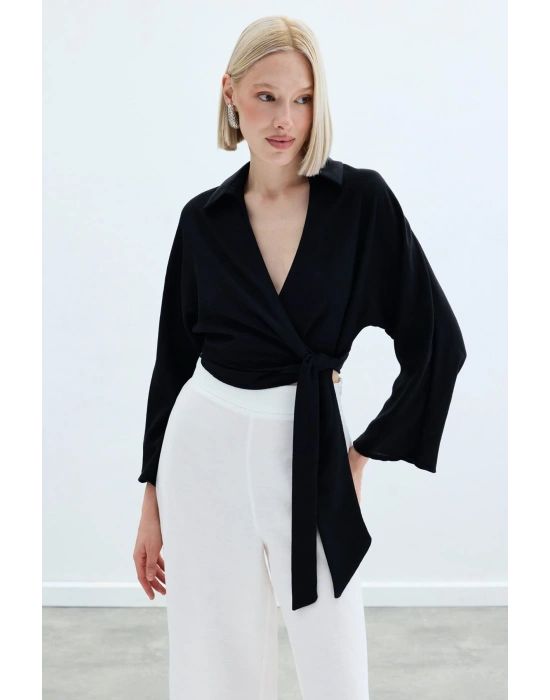 Bağlamalı Keten Bluz - Siyah