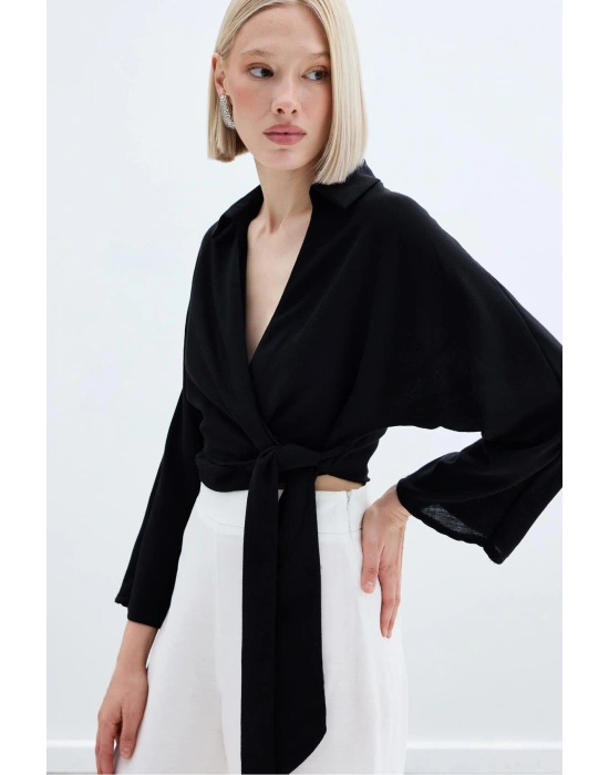 Bağlamalı Keten Bluz - Siyah