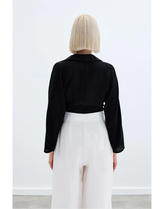 Bağlamalı Keten Bluz - Siyah