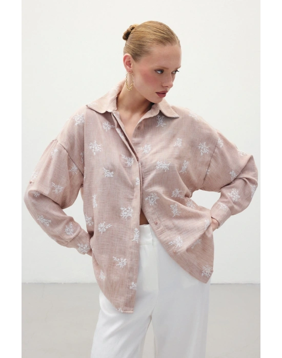 Salaş Nakışlı Gömlek - Pudra