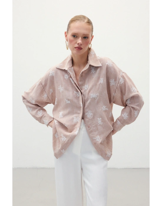 Salaş Nakışlı Gömlek - Pudra
