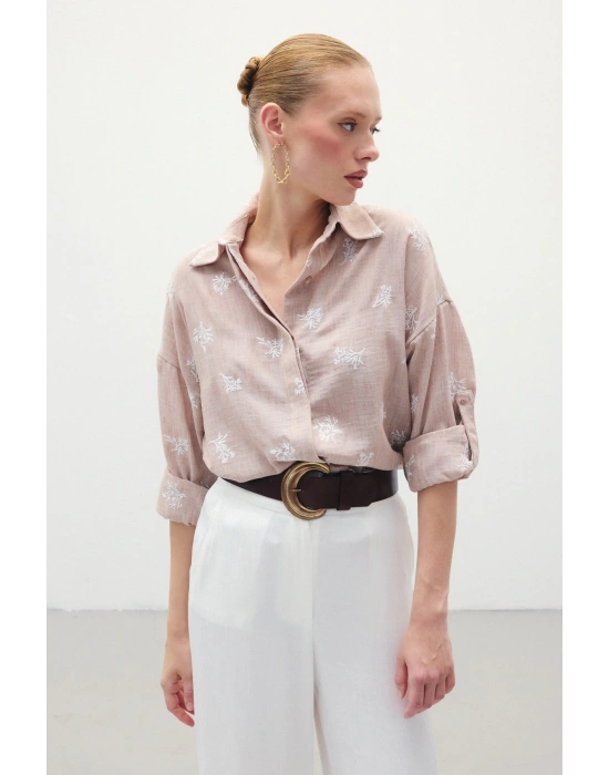 Salaş Nakışlı Gömlek - Pudra